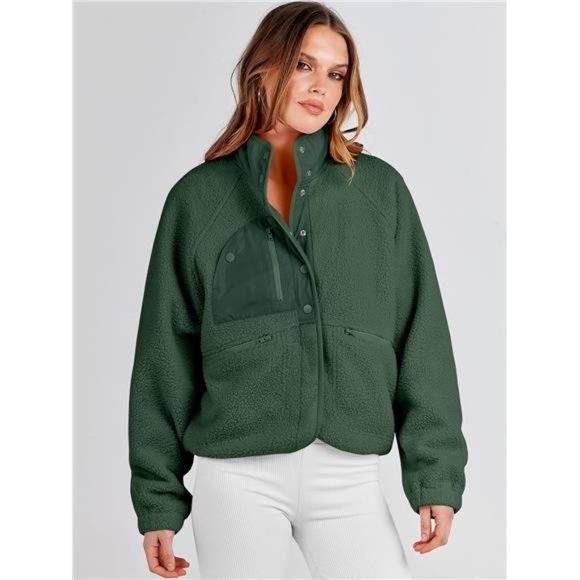 Fleece Jacket Button Down Shacket Sherpa Cropped Coats with Pockets For Women - Picture 4 of 6